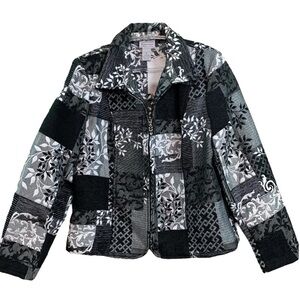 Renaissance Patchwork Tapestry Floral Leaf Zip Jacket Black Gray White Size M